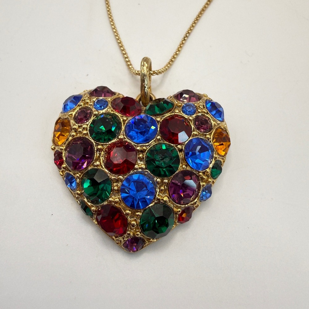 Rainbow Rhinestone Puffy Heart Necklace Vintage Gold Tone Long Chunky - Picture 4 of 8